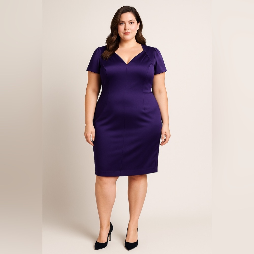 Elie Tahari royal purple diamond neckline short sleeve sheath‎ dress, size 16
